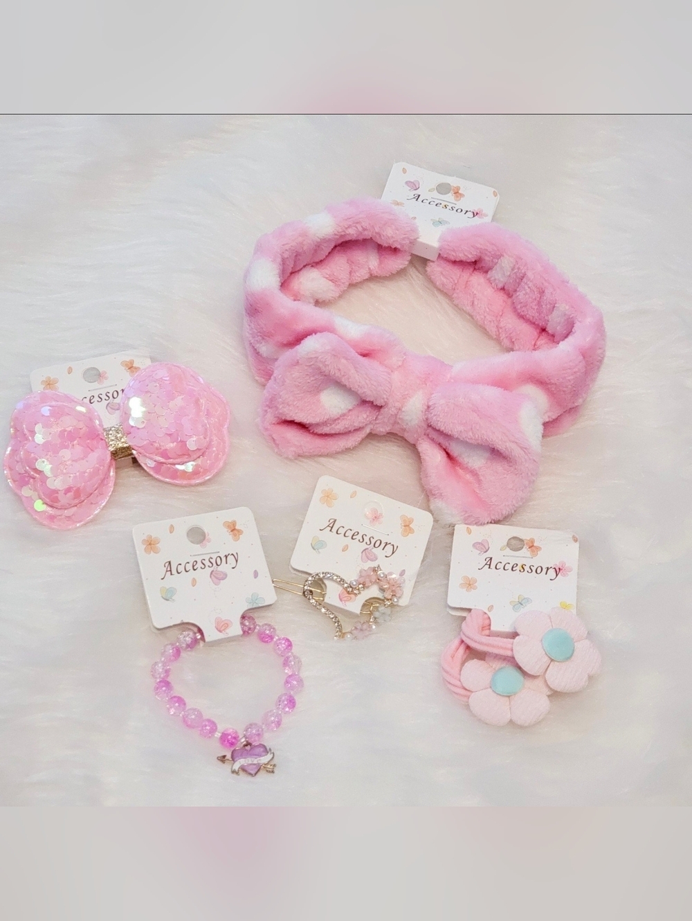 Kids Pink Plush Bow Headband - Soft Polka Dot Hair Accessory